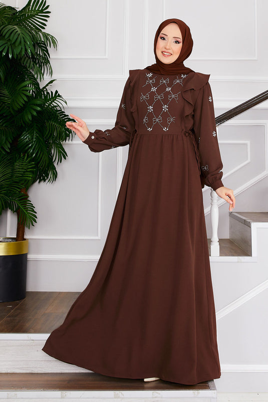 Front Stone Design Side Tied Modest Dress Brown