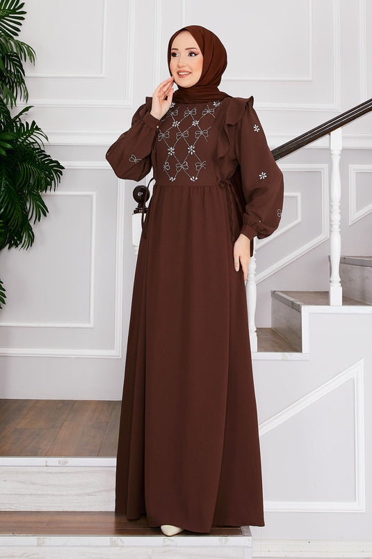 Front Stone Design Side Tied Modest Dress Brown