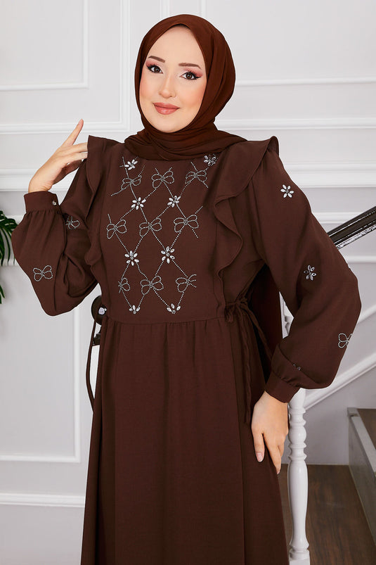 Front Stone Design Side Tied Modest Dress Brown