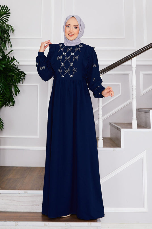 Front Stone Design Side Tied Modest Dress Navy Blue