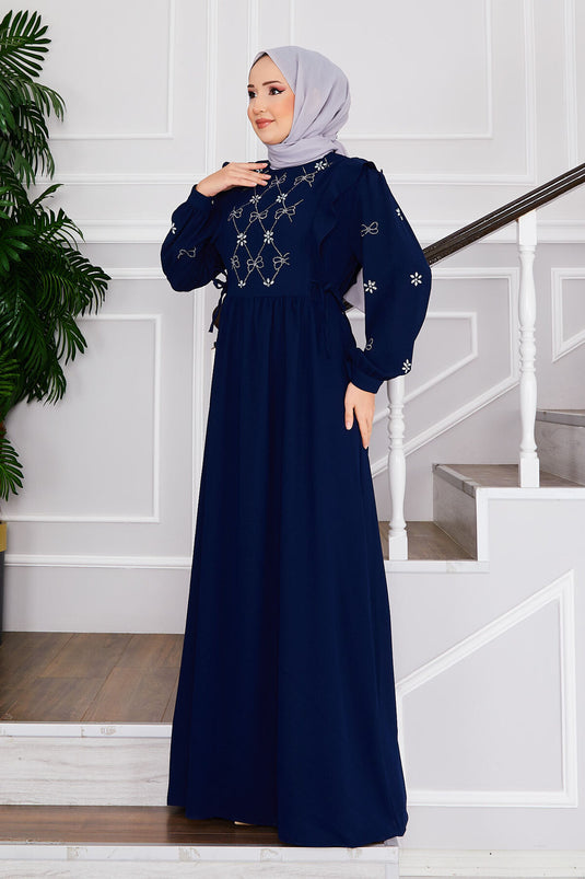 Front Stone Design Side Tied Modest Dress Navy Blue