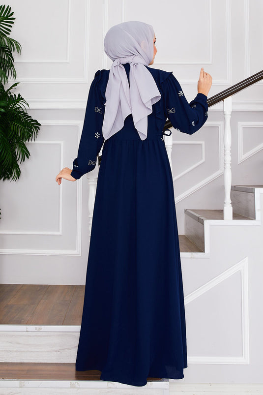 Front Stone Design Side Tied Modest Dress Navy Blue