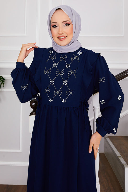 Front Stone Design Side Tied Modest Dress Navy Blue