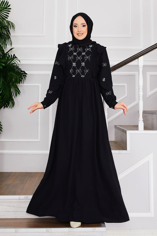 Hijab-Kleid mit Steindesign vorne und seitlicher Schleife, Schwarz