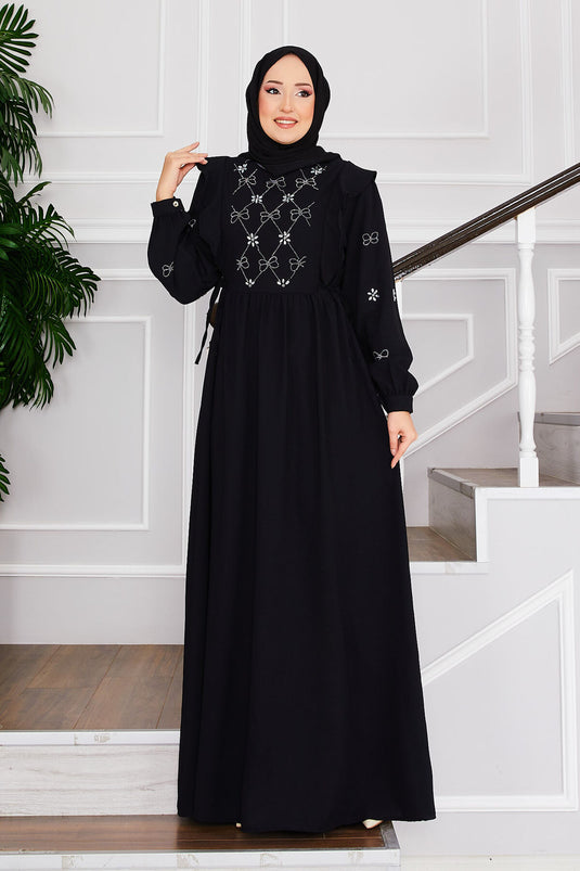 Front Stone Design Side Tied Hijab Dress Black