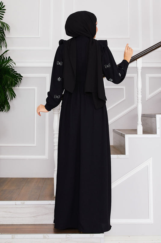 Front Stone Design Side Tied Hijab Dress Black