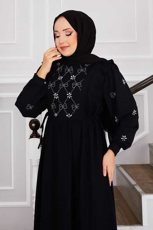 Front Stone Design Side Tied Hijab Dress Black