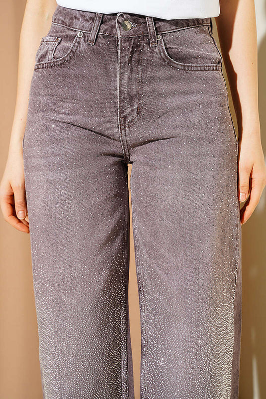 Pantalon baggy en jean avec décoration en pierres sur le devant, couleur café