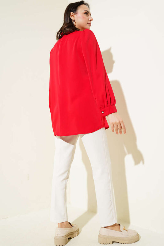 Önü Taş Süslemeli Şifon Tunik Kırmızı