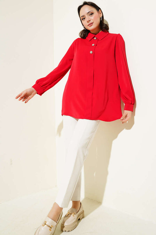 Önü Taş Süslemeli Şifon Tunik Kırmızı