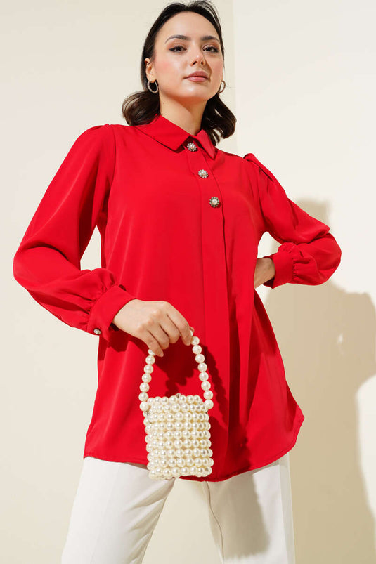 Önü Taş Süslemeli Şifon Tunik Kırmızı