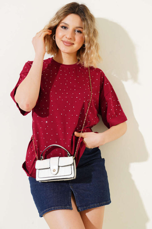 Önü Taş Süslemeli T-shirt Bordo