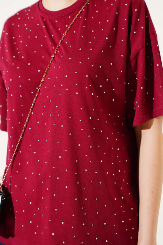 Önü Taş Süslemeli T-shirt Bordo