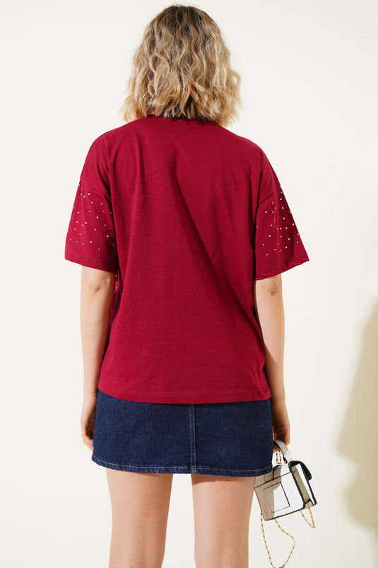 Önü Taş Süslemeli T-shirt Bordo