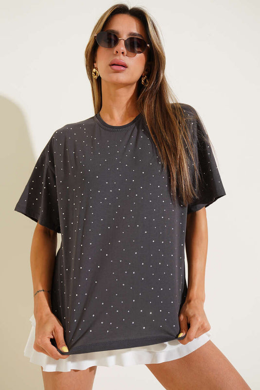 Front T-shirt with Stone Embellishments, Smoke Grey