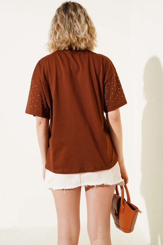 Stone Embellished T-shirt Brown