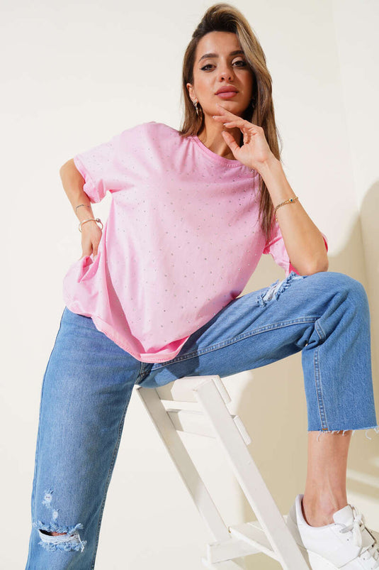 Rosa T-Shirt mit steinverzierter Vorderseite
