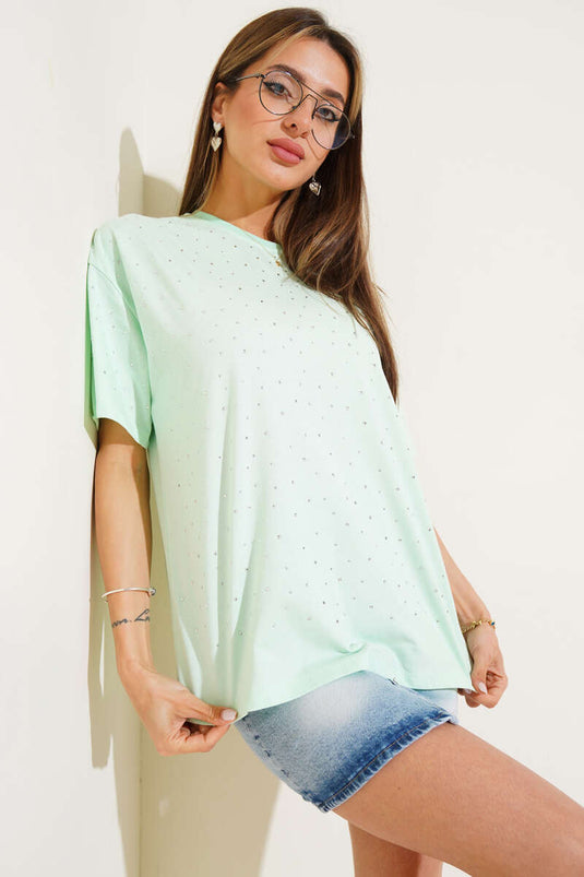 Steinverziertes T-Shirt in Aquagrün