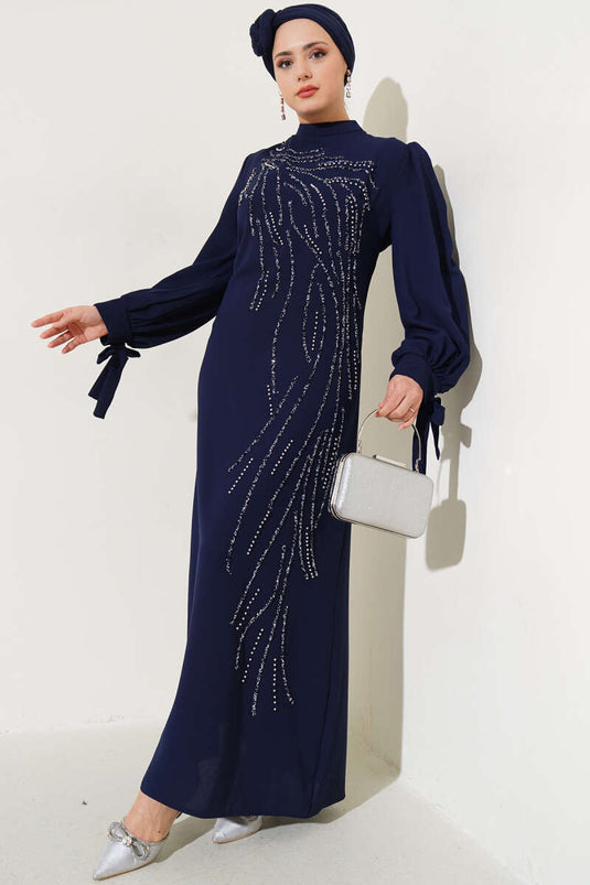 Stone-Embellished Balloon Sleeve Plus Size Dress Navy Blue