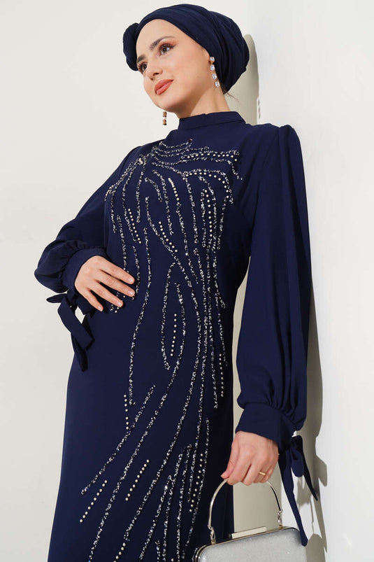 Stone-Embellished Balloon Sleeve Plus Size Dress Navy Blue