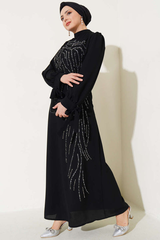 Stone Embellished Balloon Sleeve Plus Size Dress Black