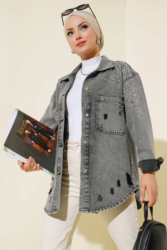 Jeansjacke mit Steinfront und Doppeltaschen, Grau