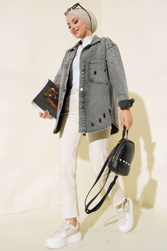 Jeansjacke mit Steinfront und Doppeltaschen, Grau