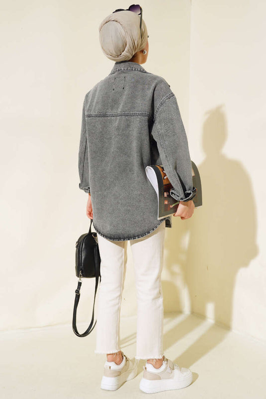 Jeansjacke mit Steinfront und Doppeltaschen, Grau