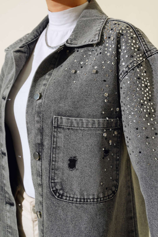 Jeansjacke mit Steinfront und Doppeltaschen, Grau