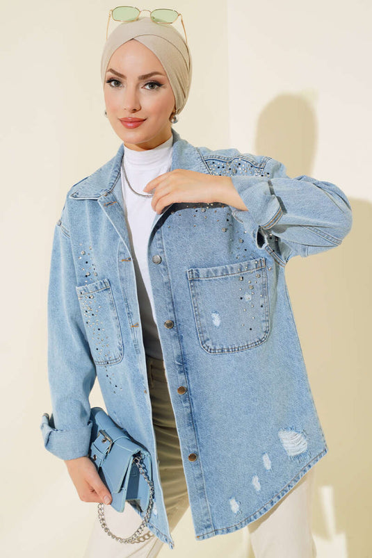 Blaue Jeansjacke mit doppelter Tasche und Steinfront