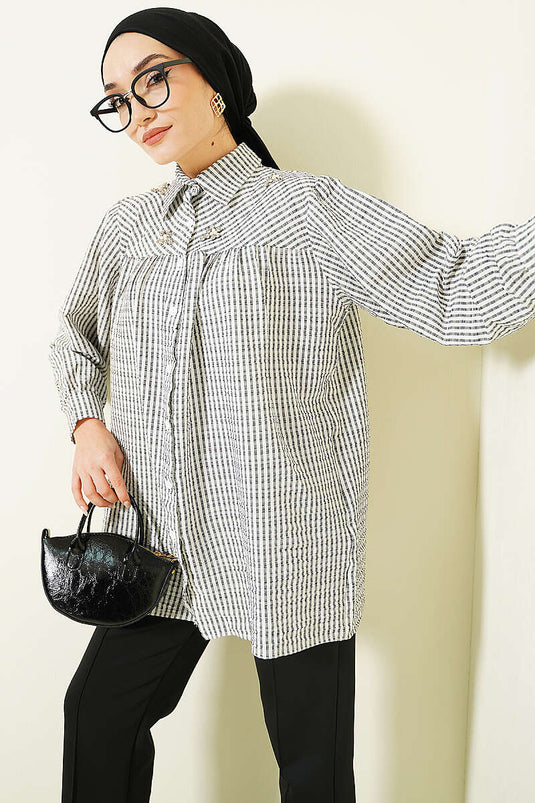 Black Loose Shirt with Stripes and Front Stone Detail