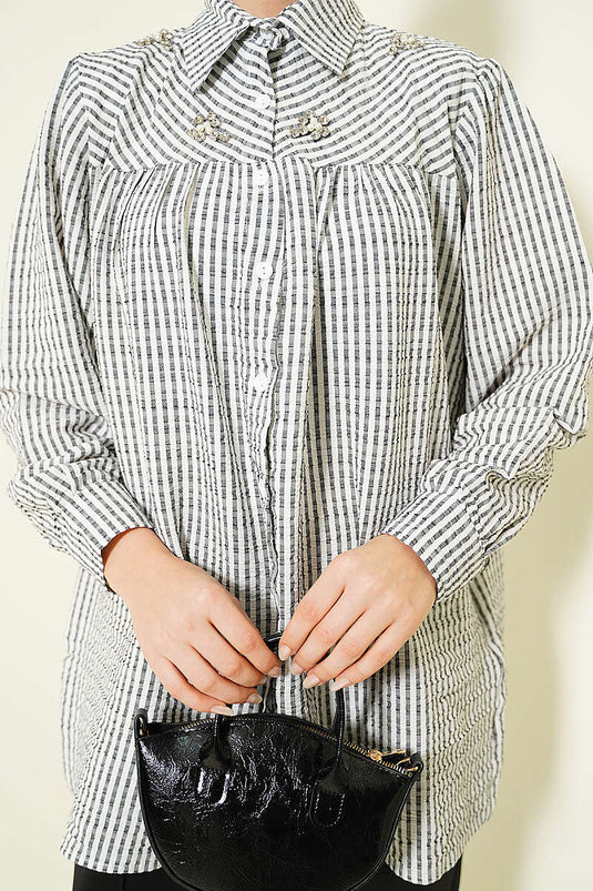 Black Loose Shirt with Stripes and Front Stone Detail