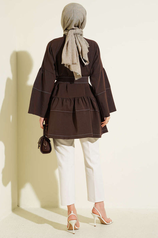 Front-Stone Hidden-Button Tunic Brown