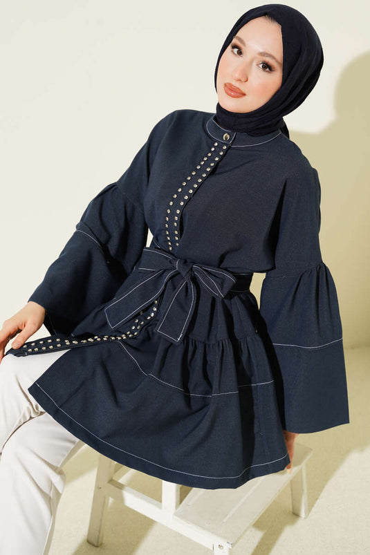 Front-Stone Hidden-Button Tunic Navy Blue