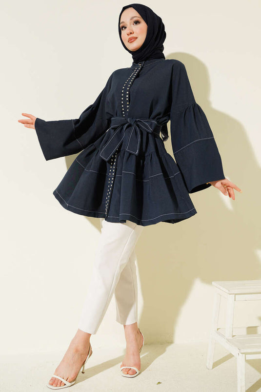 Front-Stone Hidden-Button Tunic Navy Blue