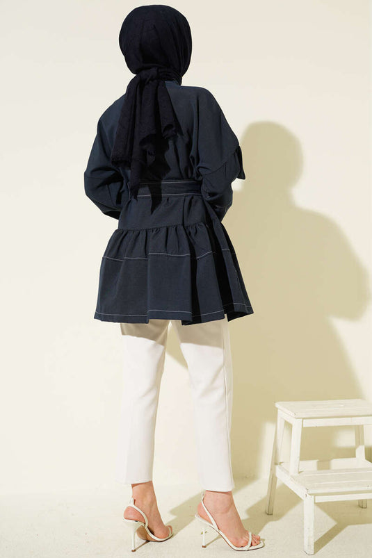 Front-Stone Hidden-Button Tunic Navy Blue