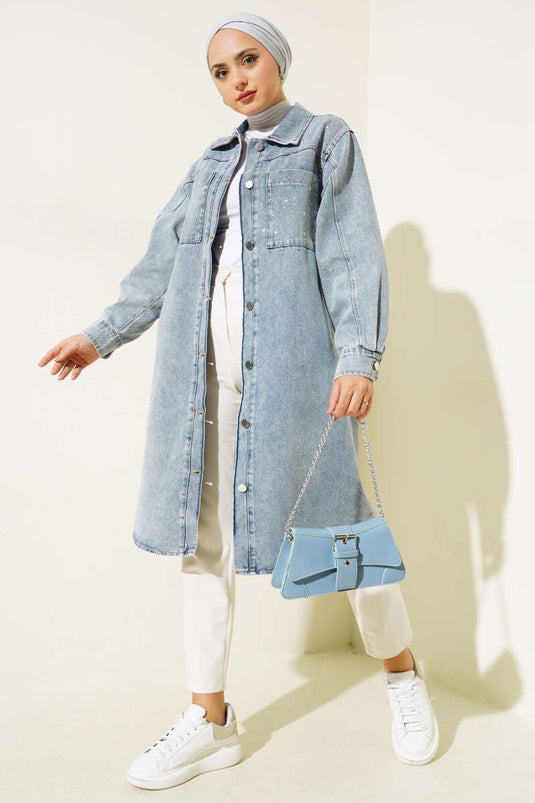 Stone-Embellished Front Pocket Long Denim Jacket Denim Blue