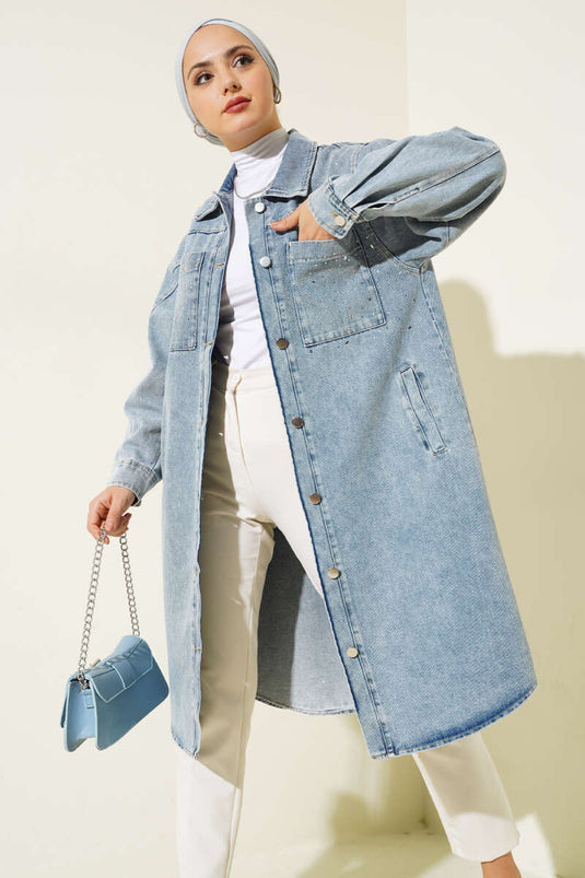 Stone-Embellished Front Pocket Long Denim Jacket Denim Blue