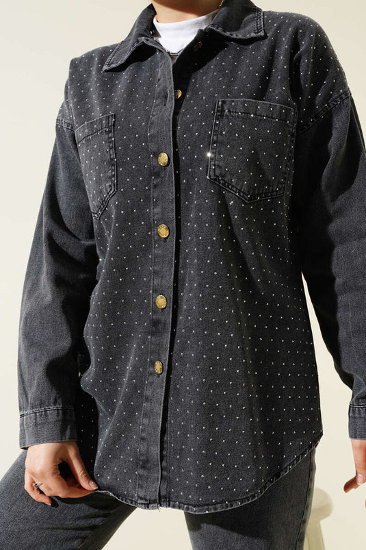 طقم جينز من قطعتين بأزرار ذهبية وواجهة حجرية - دخاني