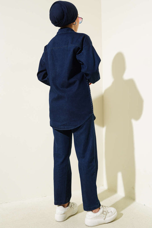 Front Stone Gold Buttoned Denim Two Piece Set Navy Blue