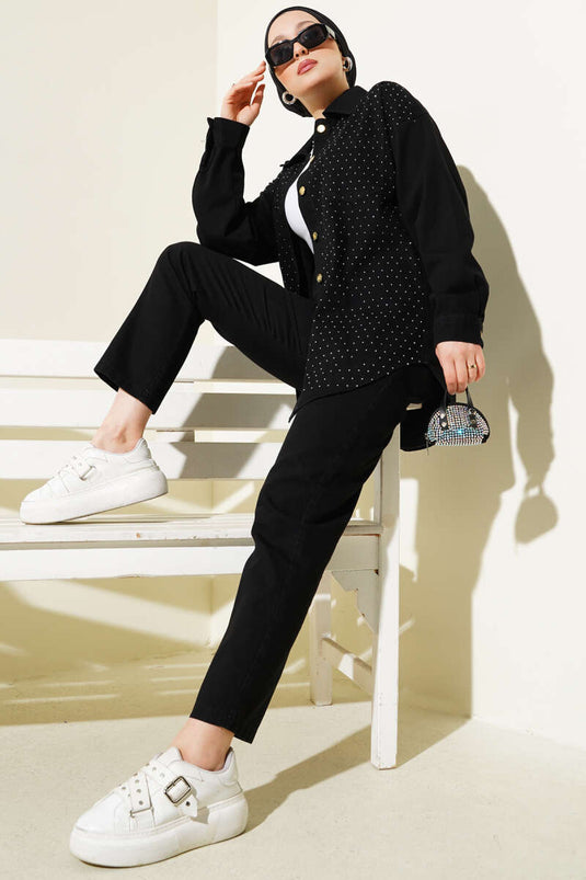 Önü Taşlı Gold Düğmeli Kot İkili Takım Siyah