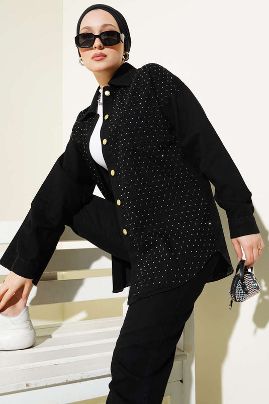 Önü Taşlı Gold Düğmeli Kot İkili Takım Siyah