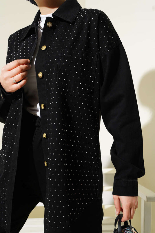 Önü Taşlı Gold Düğmeli Kot İkili Takım Siyah