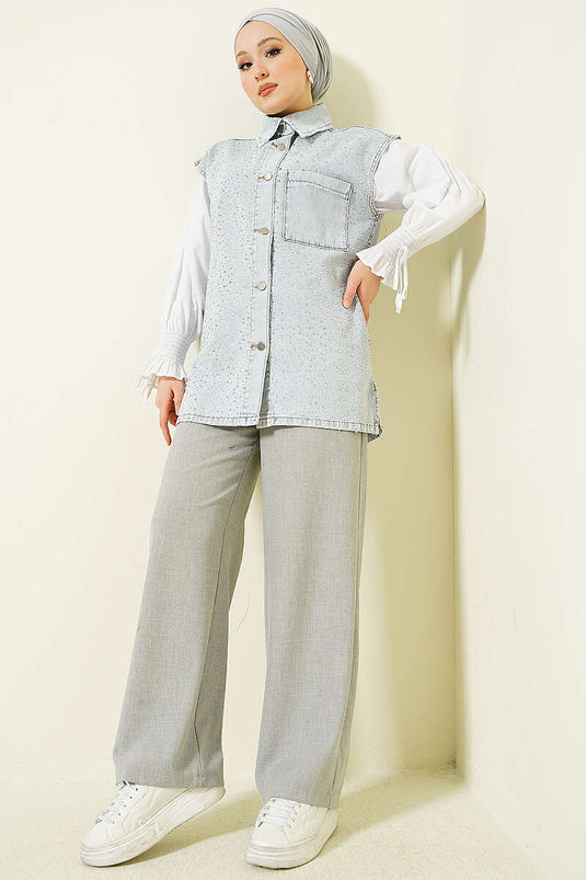 Light Gray Denim Vest with Front Stone-Studded Metal Buttons