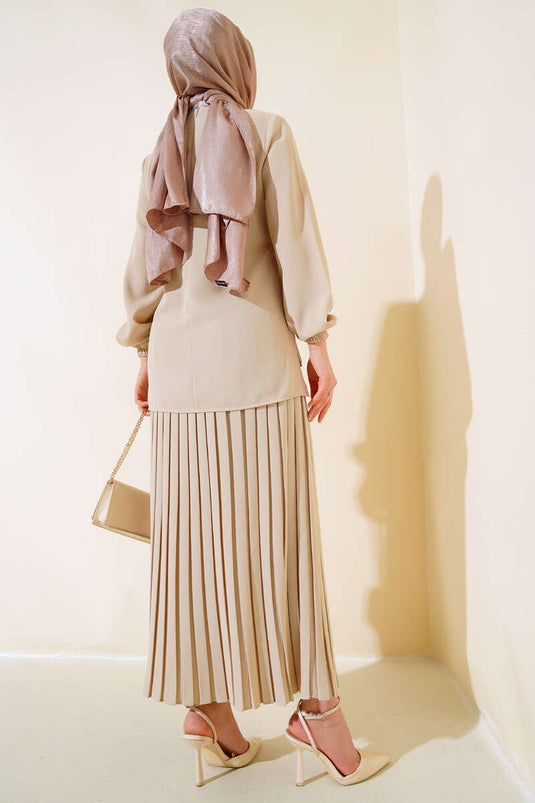 Ensemble double en crêpe avec décoration en pierre sur le devant, beige