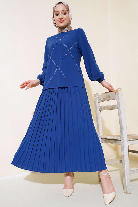 Ensemble double en crêpe avec décoration en pierre sur le devant, Indigo