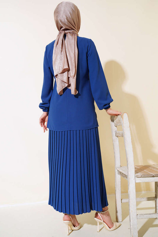 Ensemble double en crêpe avec décoration en pierre sur le devant, Indigo