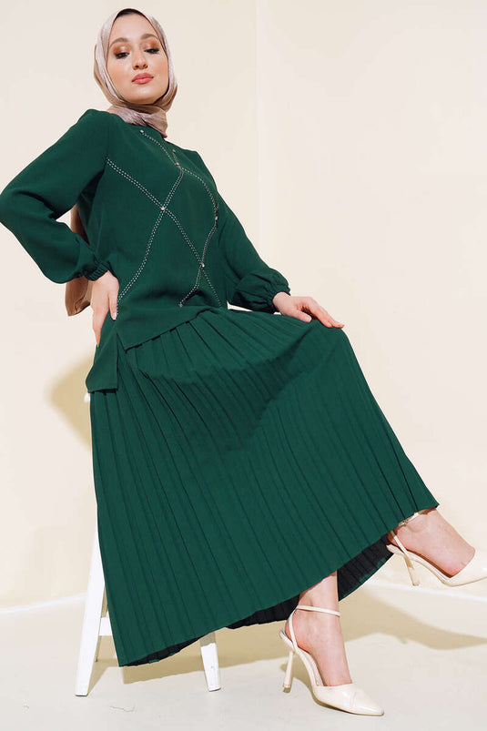 Ensemble double en crêpe avec décoration en pierre sur le devant, émeraude