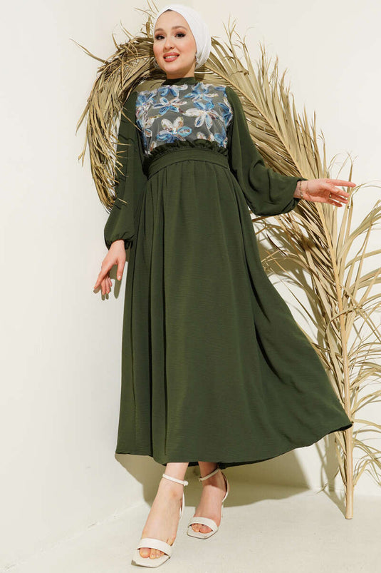 Front Tulle Flowered Belted Dress Khaki