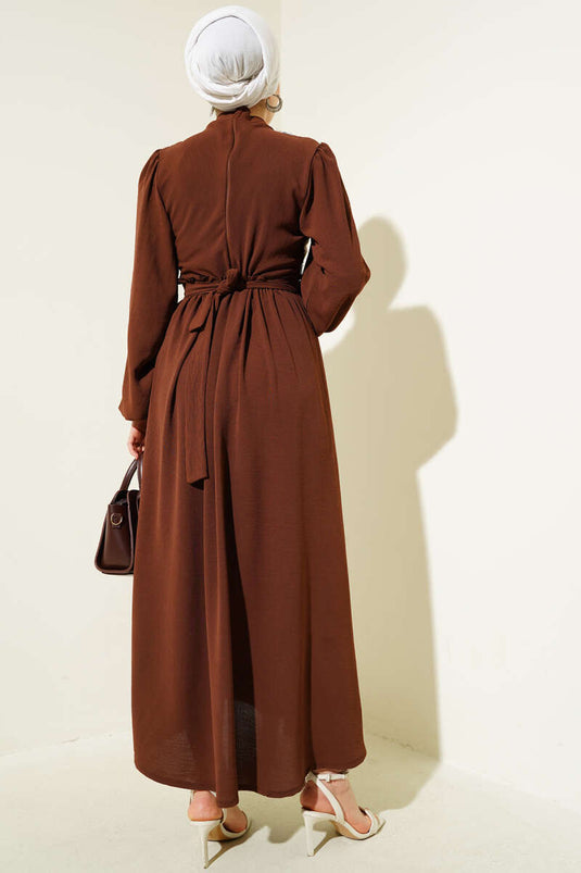 Dress with Tulle Flowered Belt Brown